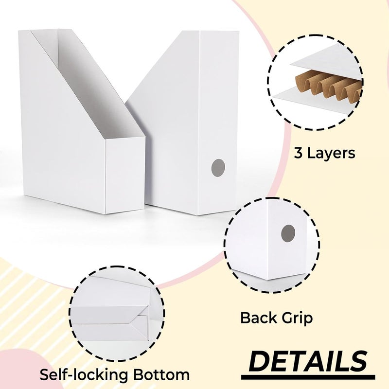 EXYGLO 12 Pack White Magazine File Holder, Cardboard Magazine Rack with Label, Foldable Storage Organizer Box for Book, Documents, 9.9x3.3x12 Inches - Image 3